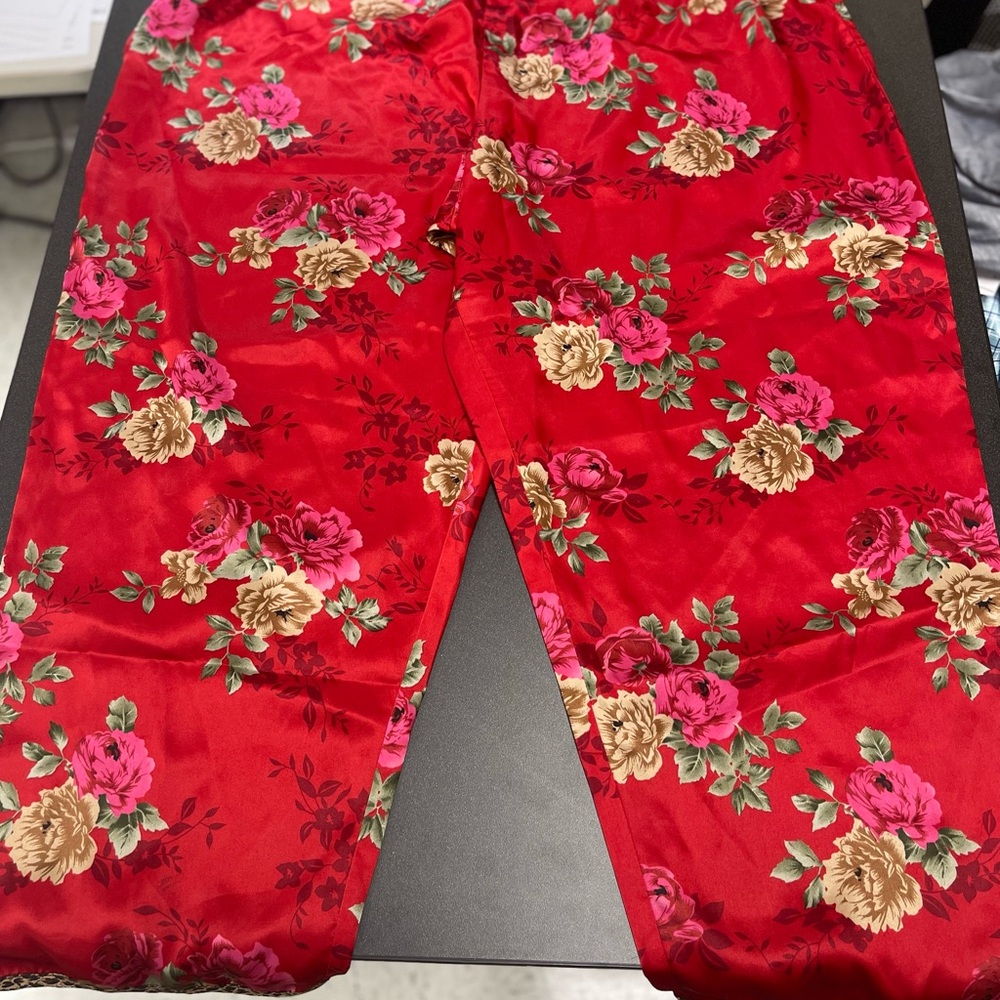 Red Floral Satin Pants – Size 3X, Elastic Waist, 27” Inseam